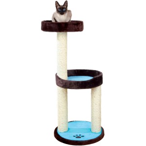 Trixie Kratzbaum Lugo, 103 cm, braun/türkis mit Katze auf oberer Liegefläche.
