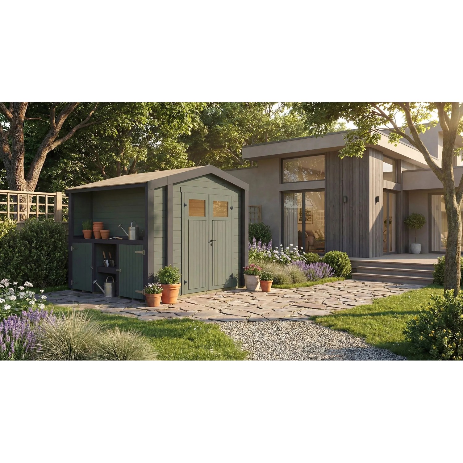 Weka Holz-Gartenhaus Killarney Satteldach Grau-Grün Lasiert 311 cm x 263 cm