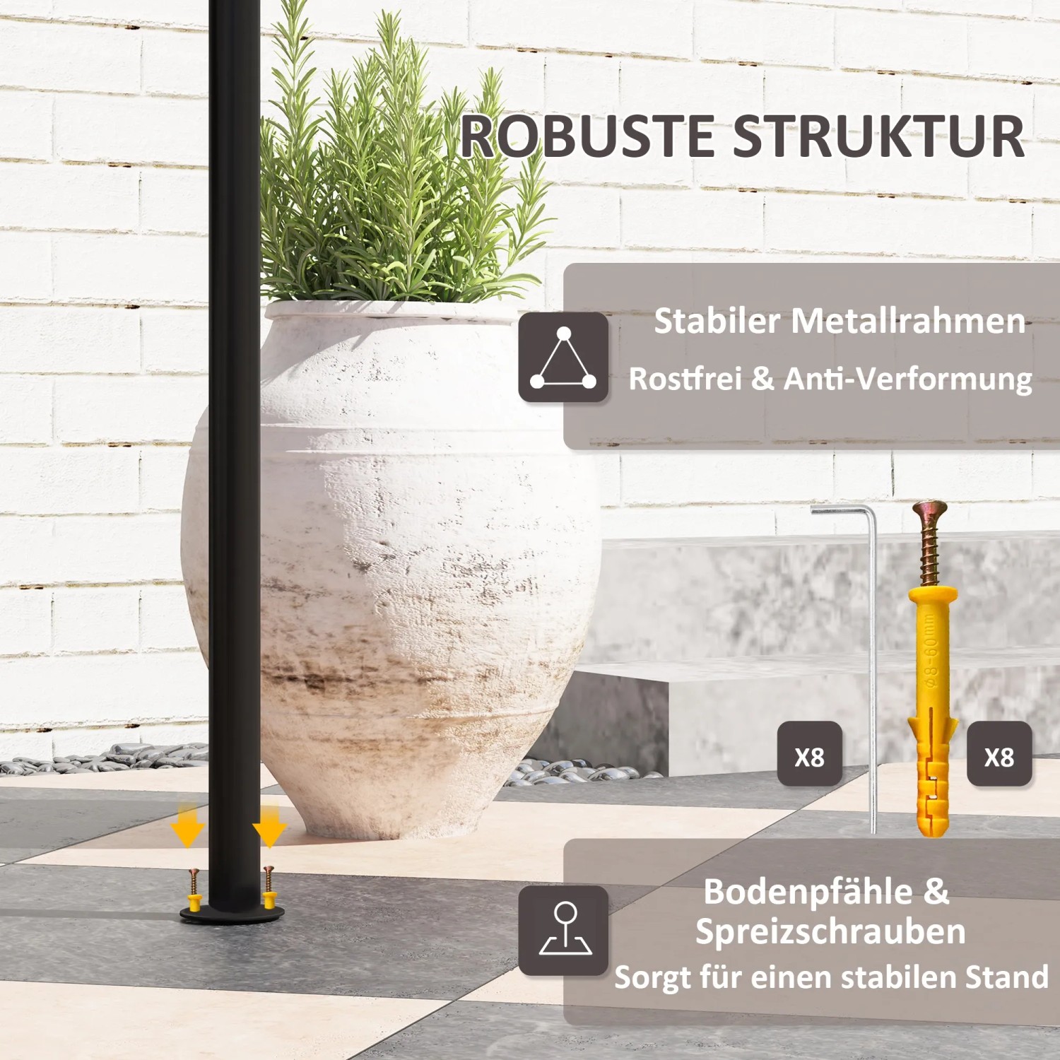 Detailaufnahme: Robuste Struktur des Outsunny Grillpavillons mit Bodenpfählen und rostfreiem Metallrahmen.