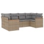 Beige 6-tlg. Garten-Sofagarnitur aus Polyrattan mit grauen Kissen.