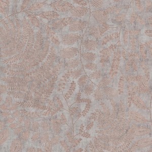 Kupfer-graue Vliestapete mit Farnmuster für Wohn- und Esszimmer.