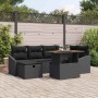 Schwarzes 7-teiliges vidaXL Garten-Sofa-Set aus Poly Rattan mit Tisch und Kissen.