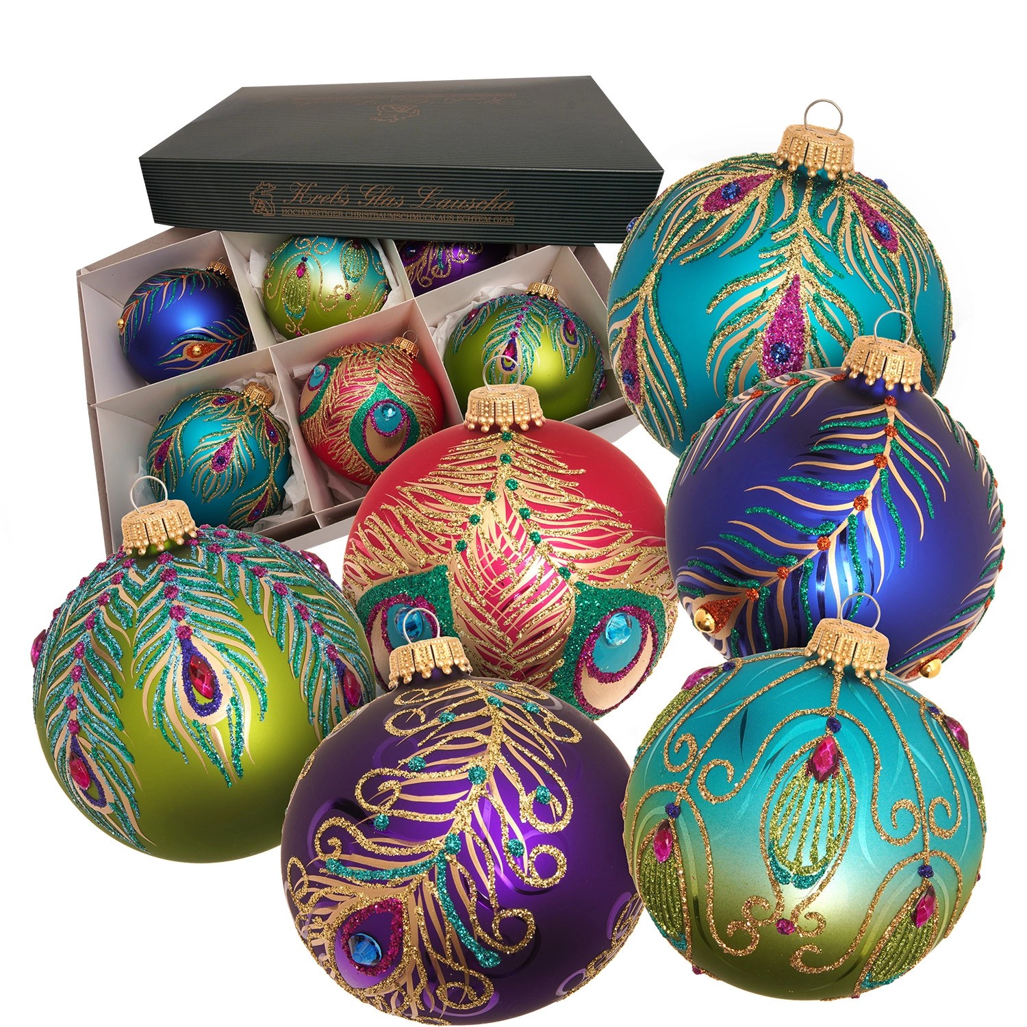 Krebs Glas Lauscha Weihnachtskugeln Pfaumuster-Set Mehrfarbig 8cm