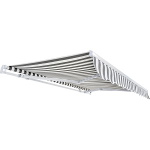 Gelenkarmmarkise Aventura Solar-LED 3x2m, grau-weiß gestreift, für Balkon und Terrasse.