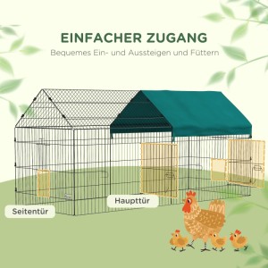 PawHut Freilaufgehege aus schwarzem Stahlgitter mit grünem Schutzdach und vier Türen für Kleintiere.