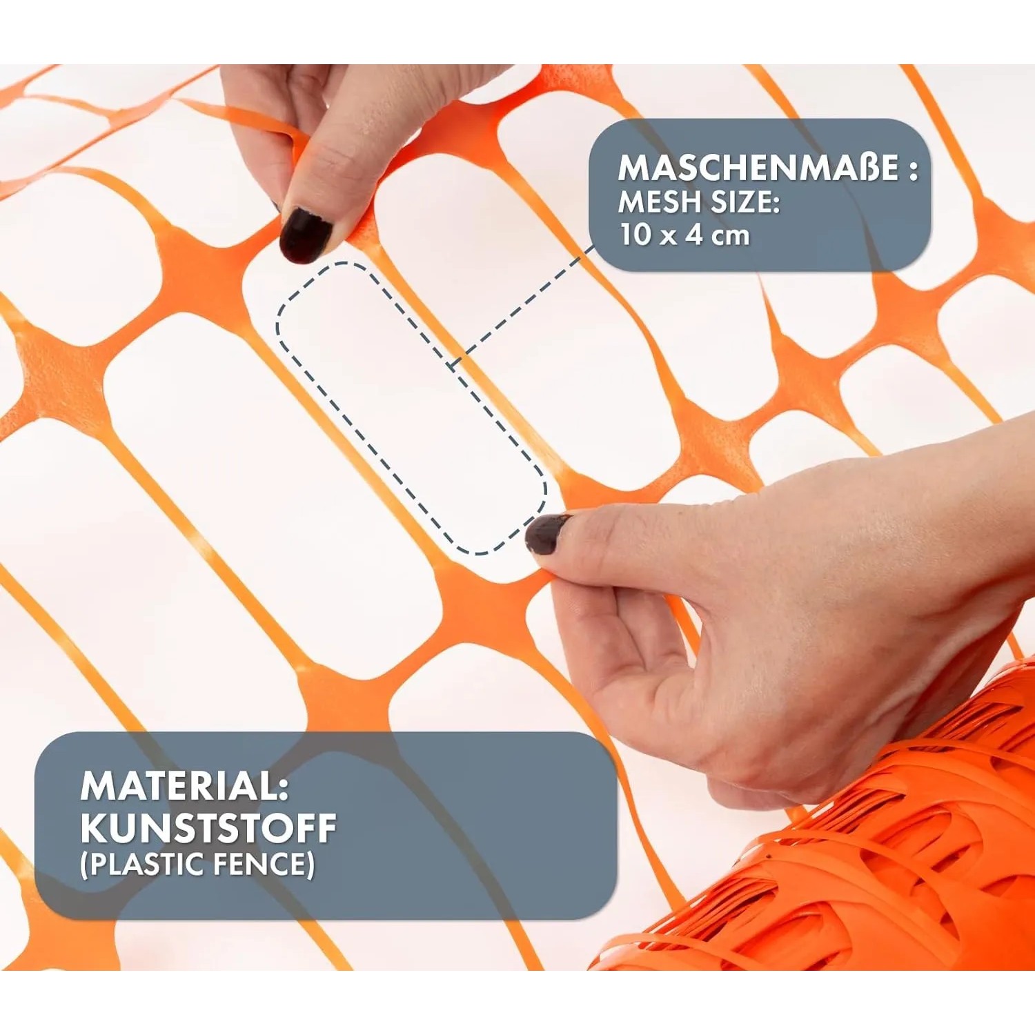 Detailaufnahme eines orangefarbenen KARAT Absperrzauns Chester mit 10x4 cm Maschenweite.