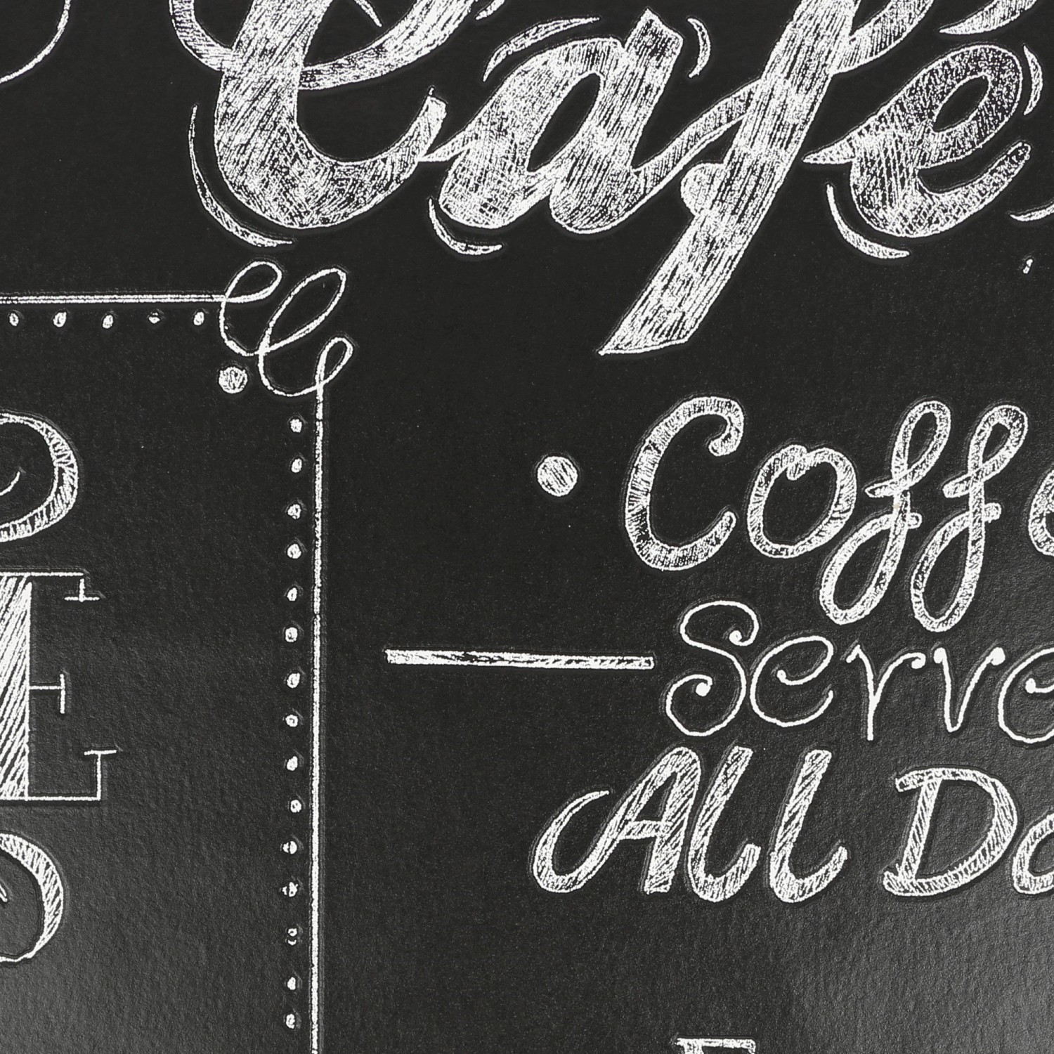 Detailansicht der Superfresco Easy Vliestapete Coffee Shop mit Kreide-Schrift auf schwarzem Grund.