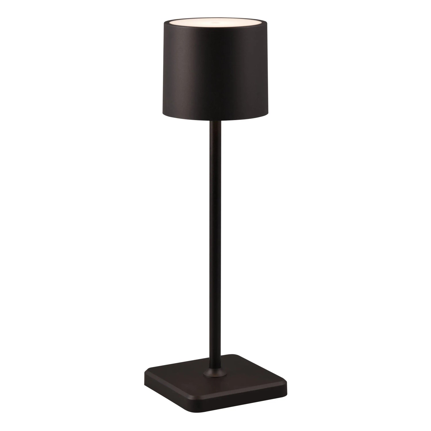 Schwarze, matte LED-Tischleuchte Fernandez, Ø 10,5 cm, mit Akku und Ladestation.