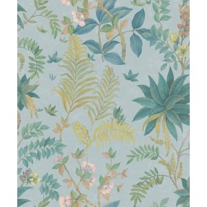 Sanders & Sanders Vliestapete: tropische Blätter in Blau, Grün, Gelb. Botanisches Muster für stilvolle Wände.