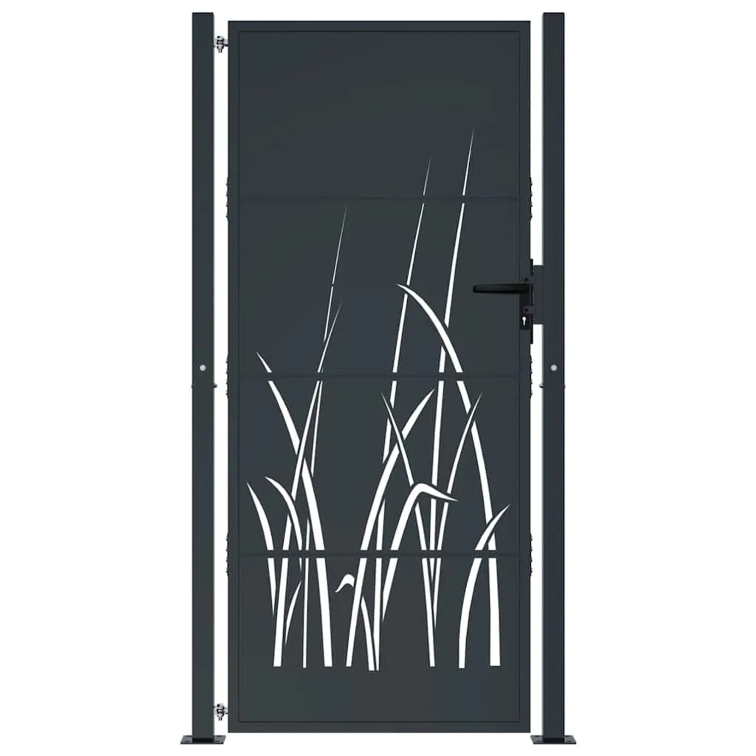Anthrazitfarbenes Gartentor aus Stahl mit weißem Gras-Design. Robustes Zauntor mit Griff.