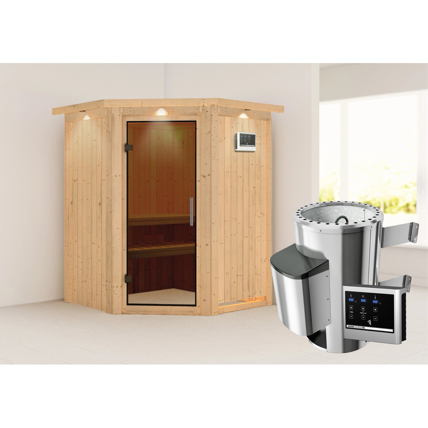 Karibu Sauna mit Ofen externe Stg.Easy LED-Dachkranz Natur