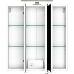 Offener, weißer Held Möbel 3D-Spiegelschrank Monza, 60 cm breit, mit Glasböden und Aufsatzleuchte.