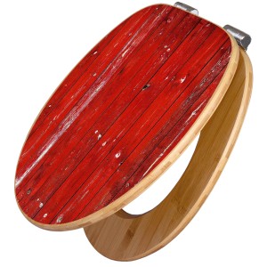 Banjado WC-Sitz aus Bambus mit rotem Holzlatten-Motiv und Absenkautomatik.