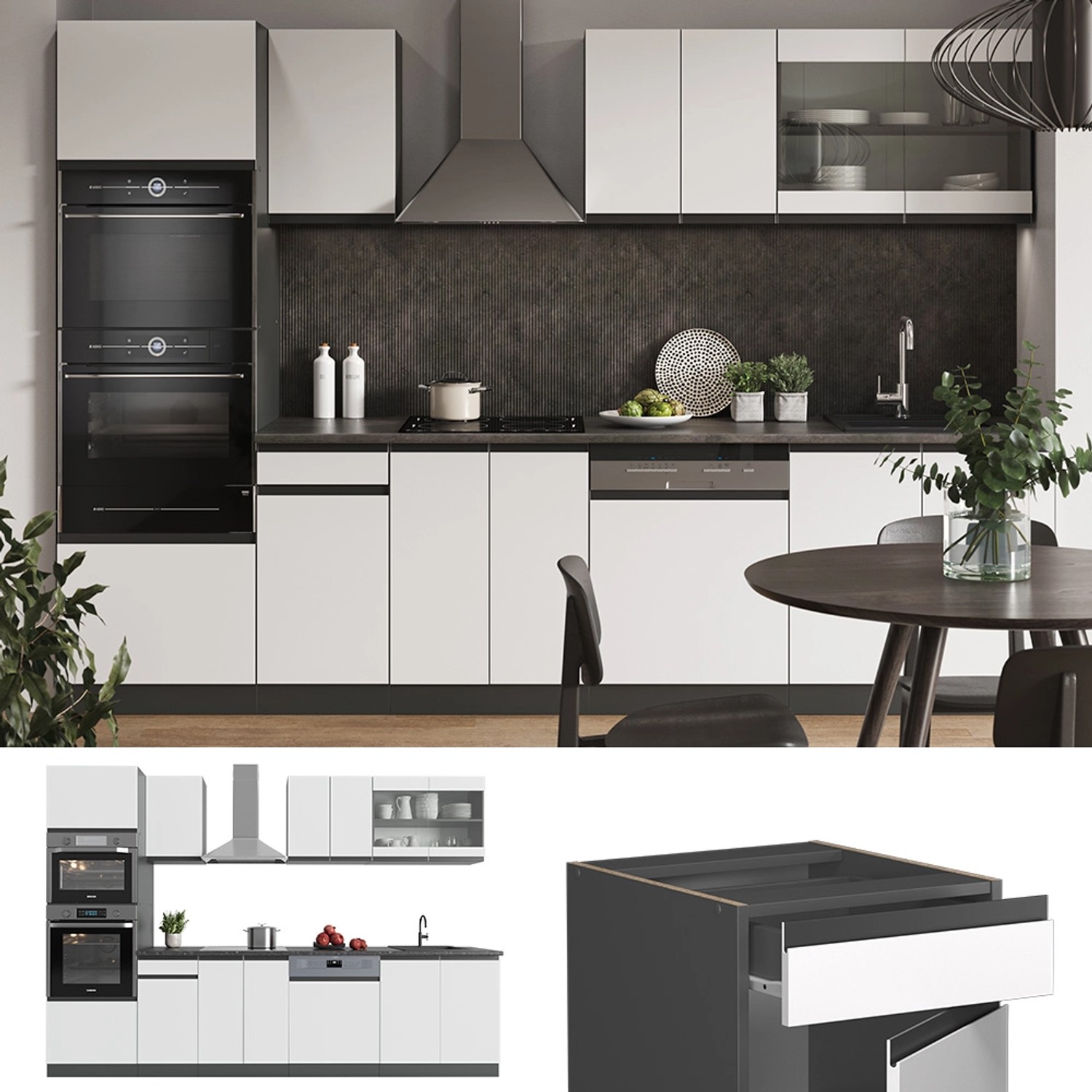 Moderne Küchenzeile Vicco R-Line, 300 cm, weiß/anthrazit mit Hochschrank und Marmor Arbeitsplatte.