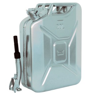 Silberner TRUTZHOLM Metallkanister, 20 Liter, mit Ausgießer und Halter für Pannenhilfe.