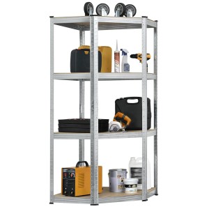 Eckregal Corner Easy mit vier Böden aus MDF-Holz und verzinktem Metallrahmen, ideal für Keller, Garage oder Werkstatt.