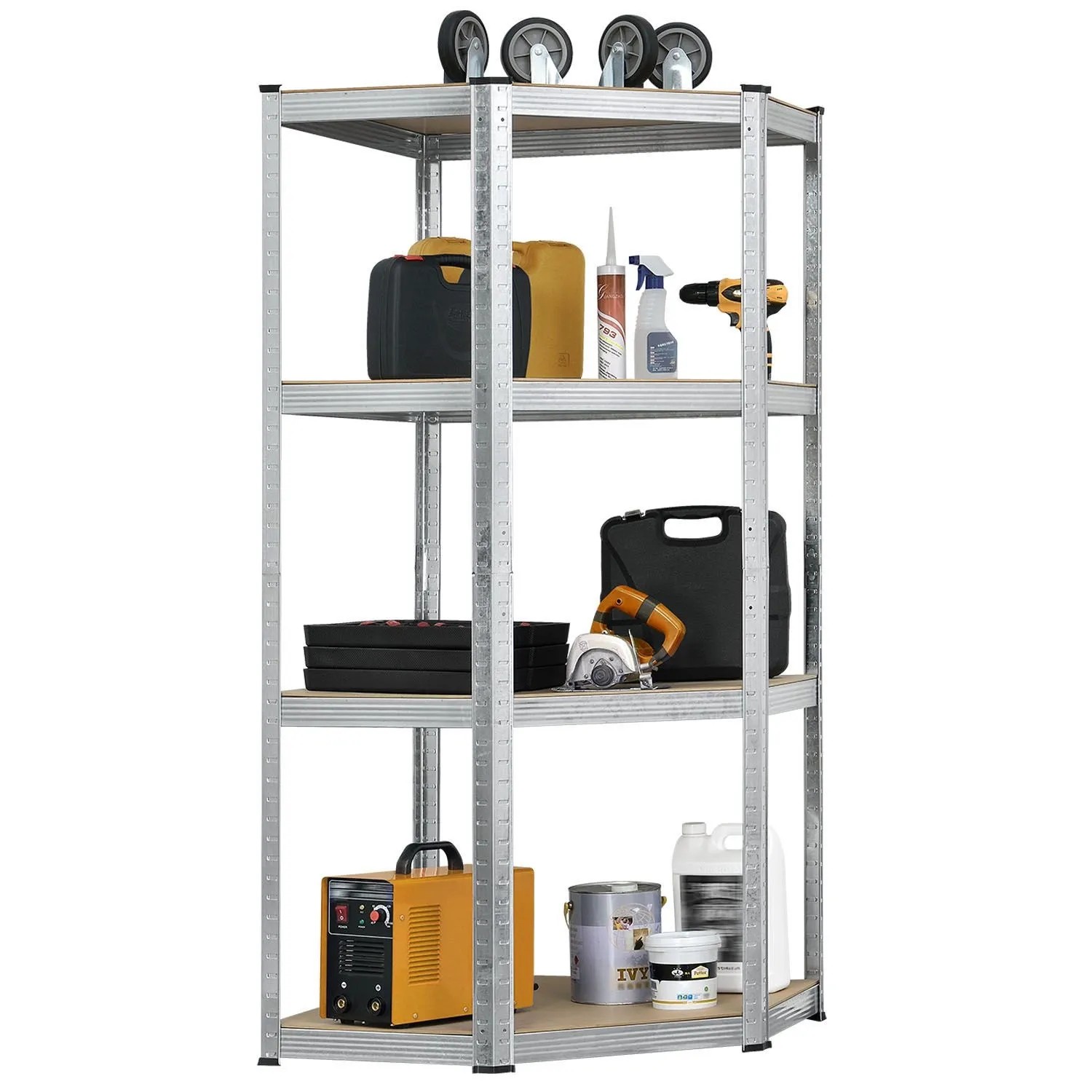 Eckregal Corner Easy mit vier Böden aus MDF-Holz und verzinktem Metallrahmen, ideal für Keller, Garage oder Werkstatt.