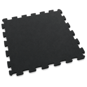 Schwarze Gummi Steckmatte 50x50 cm, robustes Mittelstück mit V-Interlocking. Bodenschutz für Fitness & Werkstatt.