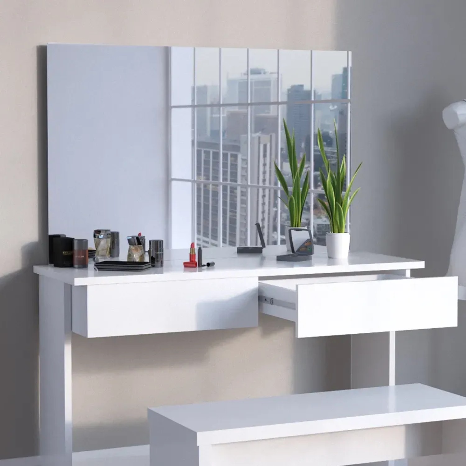 Weißer Vicco Schminktisch Azur 120 cm mit Bank, ohne Spiegel. Ideal für Beauty- und Styling-Enthusiasten.