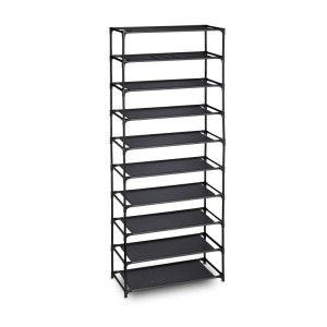 Schwarzes Relaxdays Schuhregal mit 10 Ablagen, Stecksystem, höhenverstellbar, ca. 150 cm hoch.