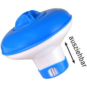 Blau-weißer Chlordosierschwimmer für 20g Tabletten, ausziehbar für gleichmäßige Abgabe.
