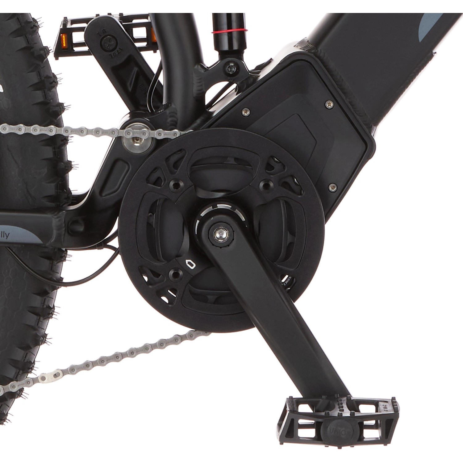 Detailaufnahme: Tretlager, Kette und Akku des Fischer E-Bike Montis 6.0i Fully.