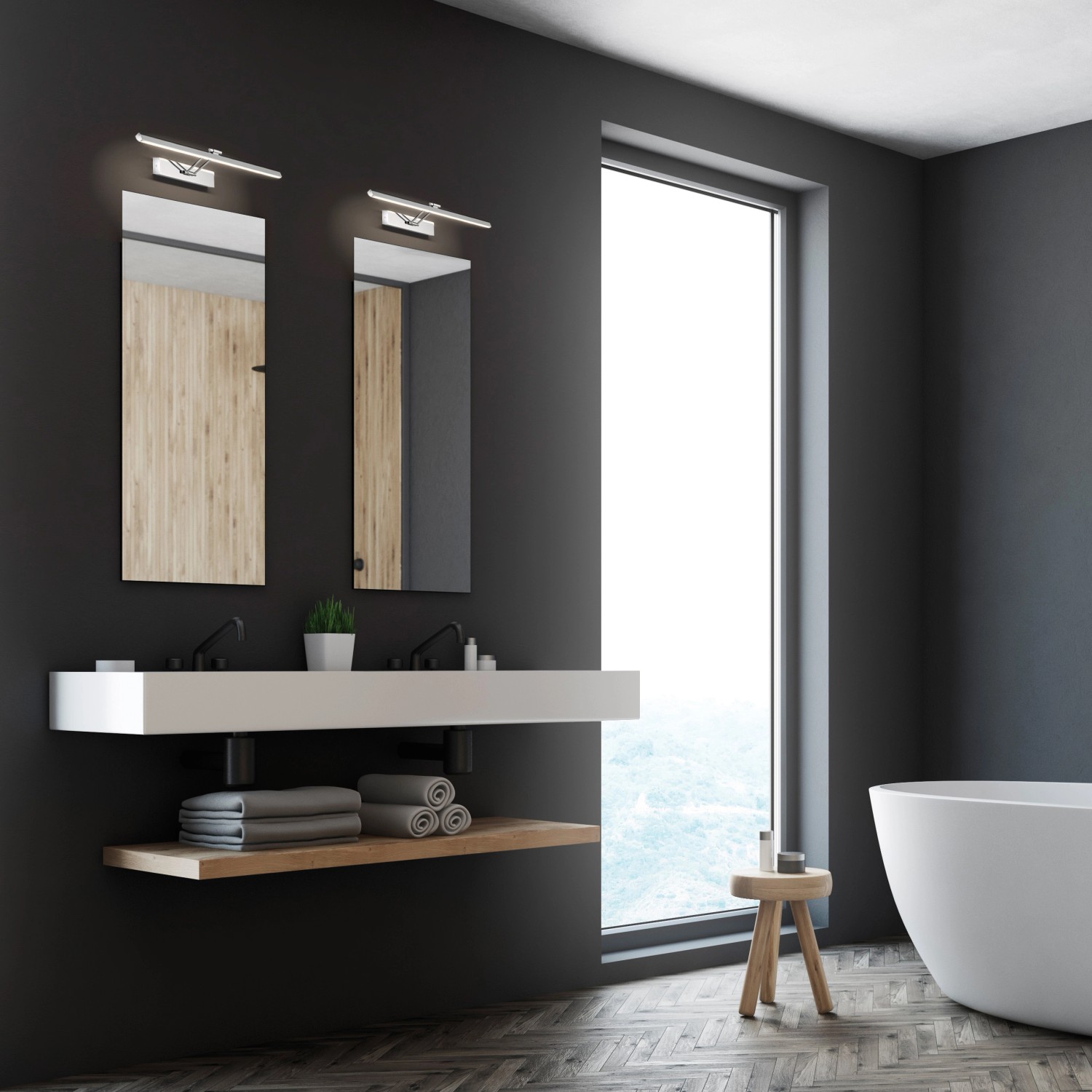 Moderne Badgestaltung mit Fischer & Honsel LED-Spiegelleuchte Baabe in Chrom, 60 cm.