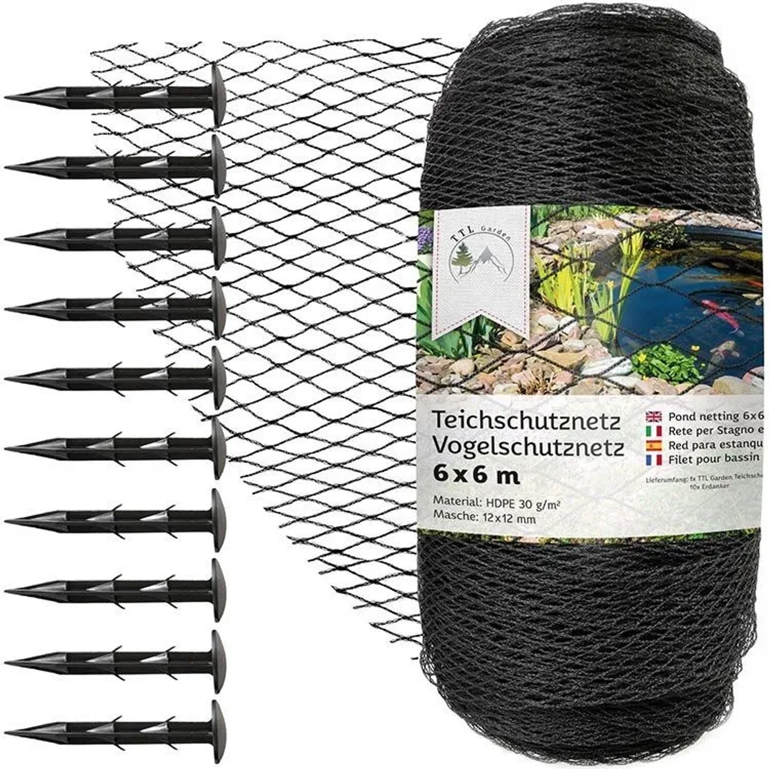 TTL GARDEN Teichschutznetz 6x6m 12x12mm 30g/m² Anthrazit Vogelschutznetz Teichnetz Laubnetz Gartennetz aus HDPE