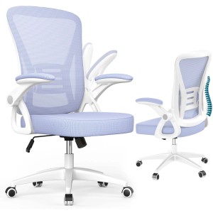 Lila ergonomischer Drehstuhl mit weißem Gestell, klappbaren Armlehnen, Mesh-Rückenlehne und Rollen für Büro.