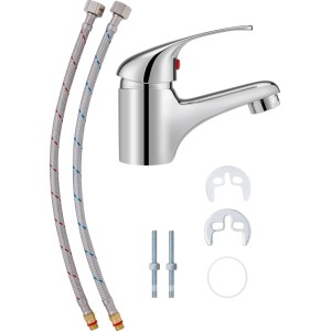 Einhebel-Waschtischarmatur Secchia Chrom mit Anschlussschläuchen und Befestigungsmaterial.