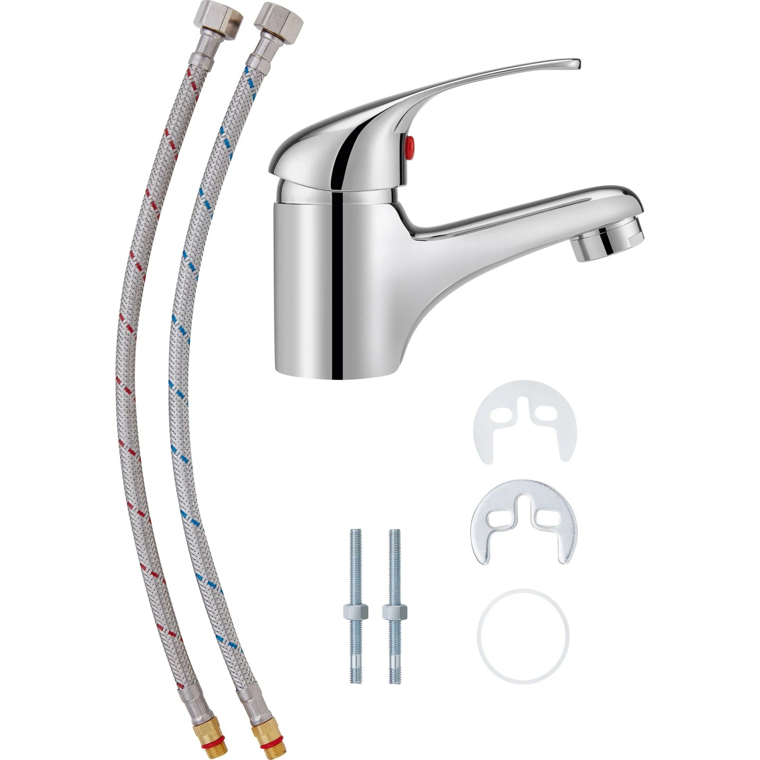 Einhebel-Waschtischarmatur Secchia Chrom mit Anschlussschläuchen und Befestigungsmaterial.