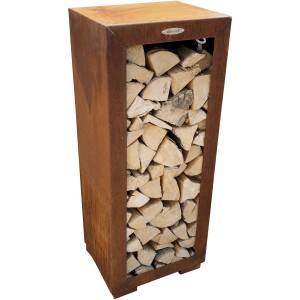 Stehendes Holzlager aus Stahl in Rostoptik, 123x50x39 cm, für Grillutensilien und Feuerholz.