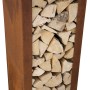 Stehendes Holzlager aus Stahl in Rostoptik, 123x50x39 cm, für Grillutensilien und Feuerholz.
