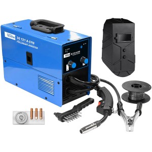 Güde Fülldraht-Schweißgerät SG 121 A-SYN mit Zubehör wie Schweißschirm und Drahtrolle.