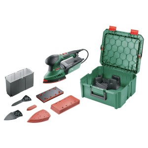 Bosch Multischleifer PSM 200 AES Set mit grüner Systembox, Dreieck- & Rechteckschleifplatte, Zubehör.