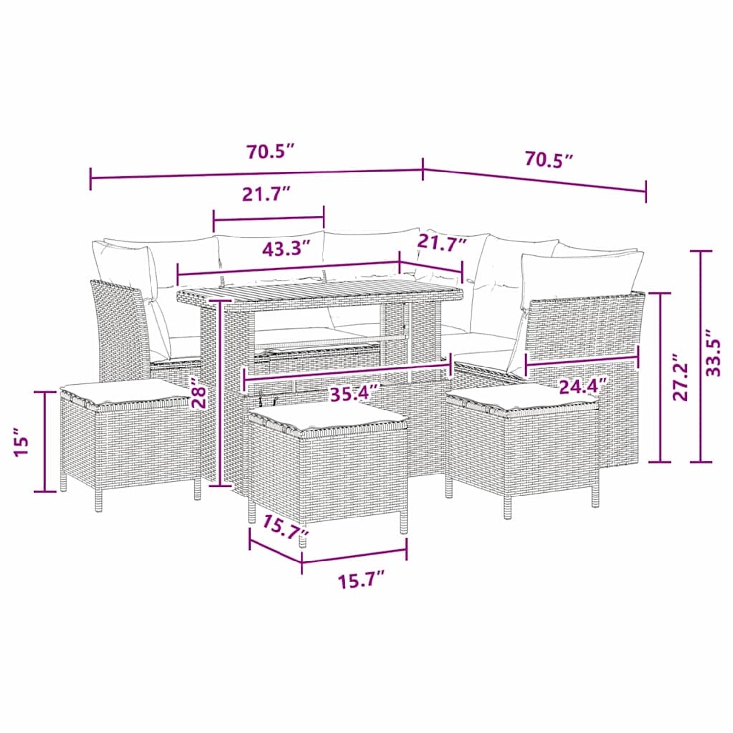 vidaXL 9-teiliges Garten-Sofa-Set aus Polyrattan und Akazie in Schwarz mit Maßangaben.