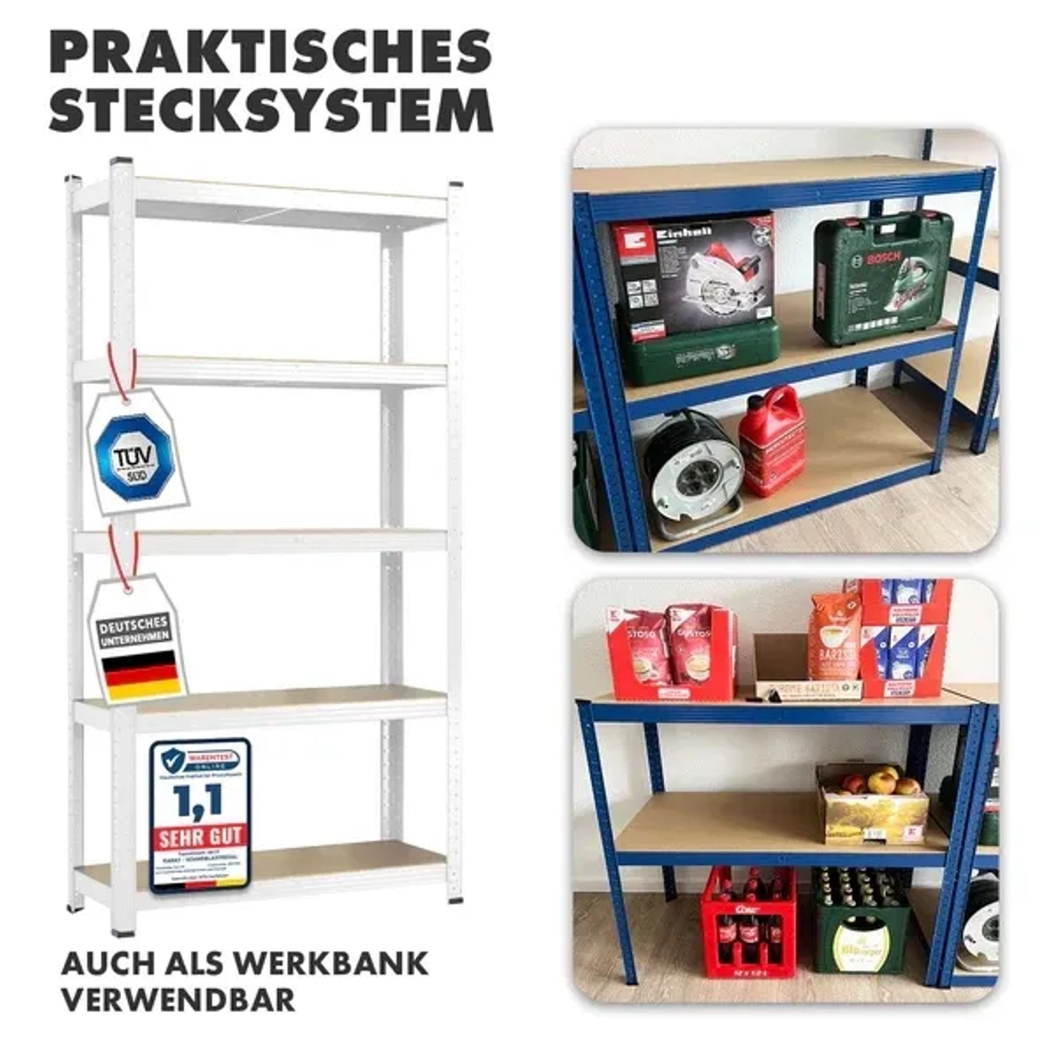 Weißes KARAT Schwerlastregal (180x90x60 cm) für Keller und Werkstatt, Gesamtlast 875 kg.