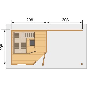 Grundriss Weka Saunahaus Salo Sparset, 298x303 cm, mit Sauna, Anbau und Liegen.