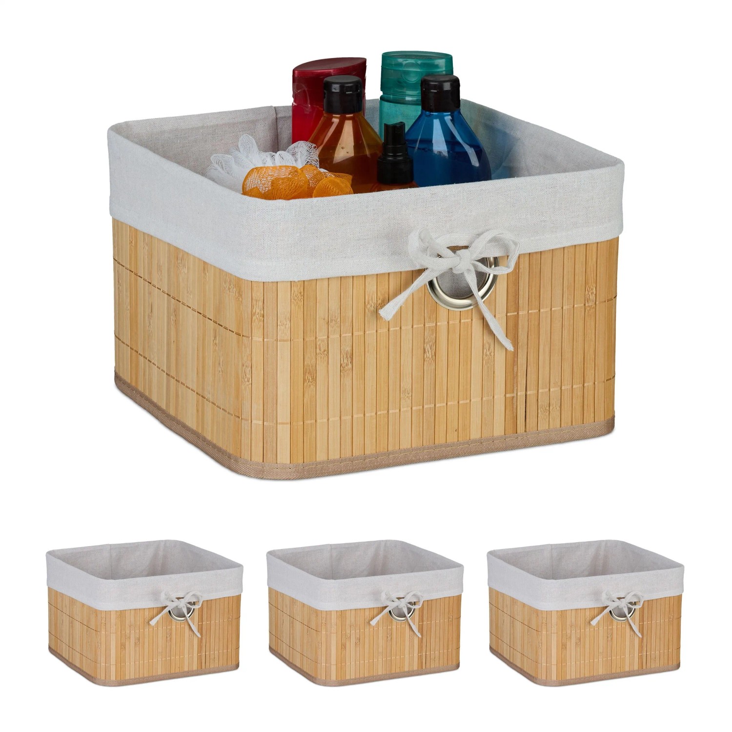Relaxdays Aufbewahrungskorb Set Bambus Natur Mit Stoffeinlage 4er Pack 20 cm x 31 cm x 31 cm 0,48 kg