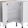 Weißer Optifit Eckunterschrank Arvid986 (90/90 cm) mit geöffneten Türen und Einlegeboden.