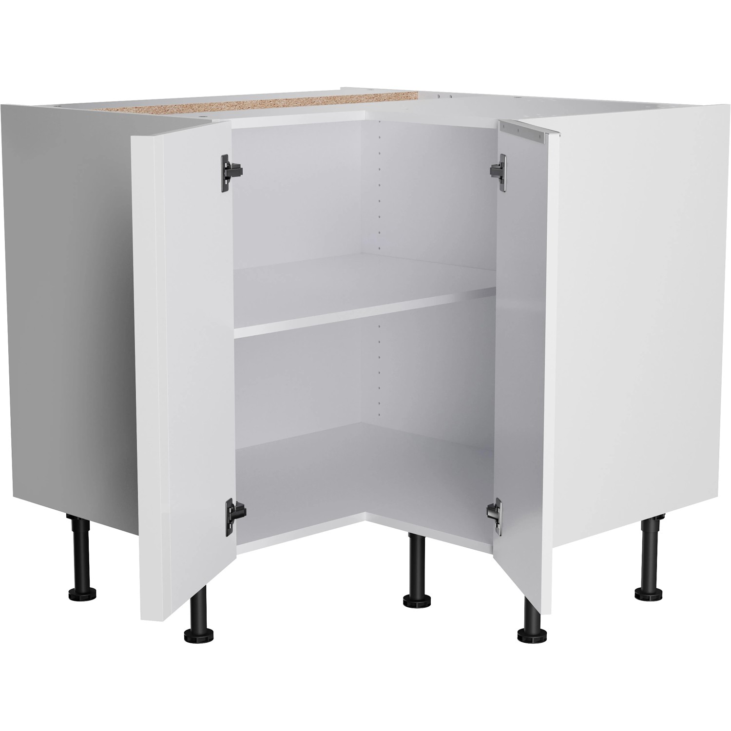 Weißer Optifit Eckunterschrank Arvid986 (90/90 cm) mit geöffneten Türen und Einlegeboden.
