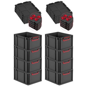 PROREGAL SuperSparSet 8x Eurobox Nextgen Color Mit Auflagedeckel HxBxT 22x30x40cm 20 Liter Schwarz Griffe Rot Geschlossen Eurobehälter Transportbox