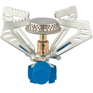 Kompakter Camping Gaskocher Micro Plus mit Topfträger und blauen Regler.