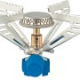 Kompakter Camping Gaskocher Micro Plus mit Topfträger und blauen Regler.
