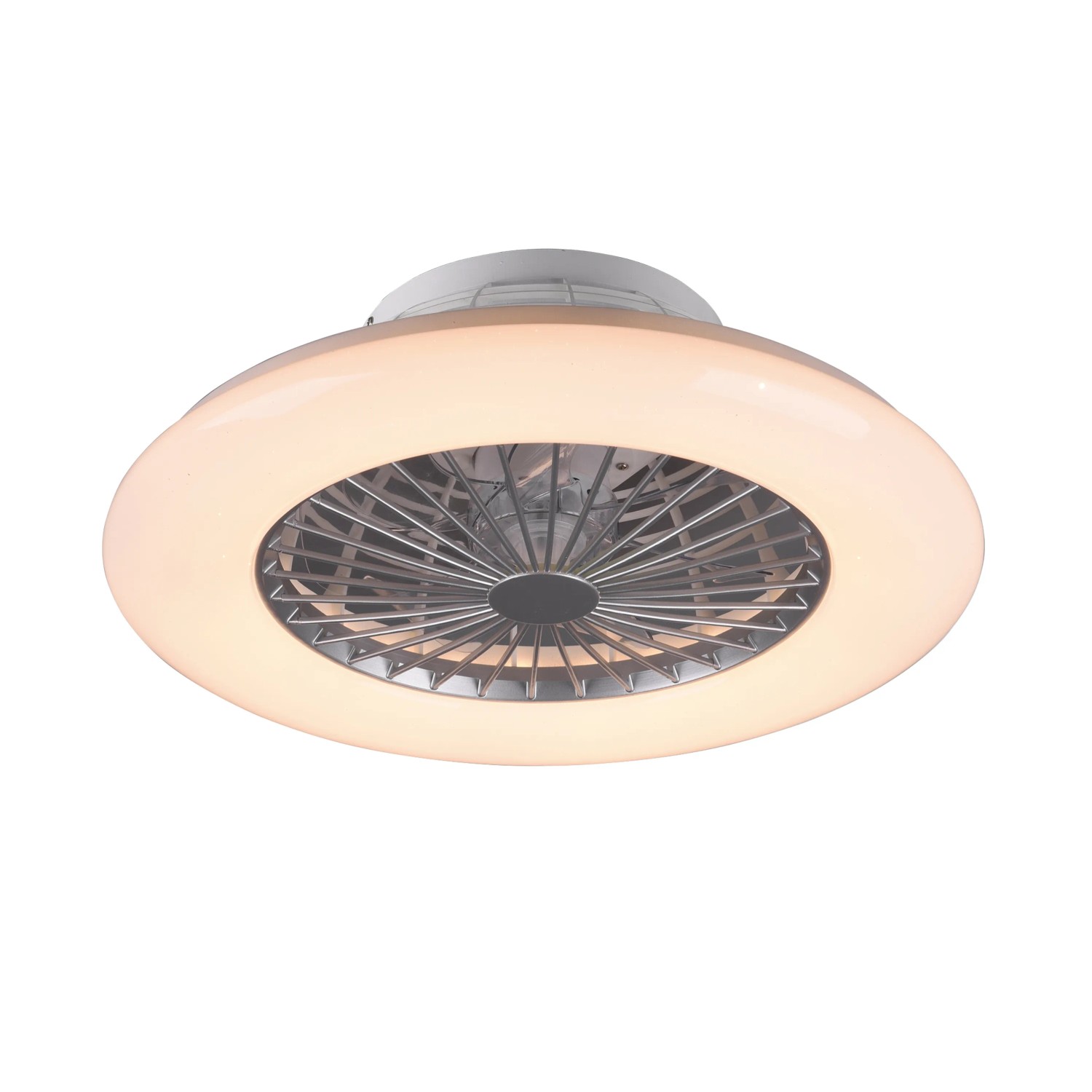 Weiße LED-Deckenleuchte Stralsund mit Ventilator, Ø 50 cm. Dimmbar, mit Fernbedienung.