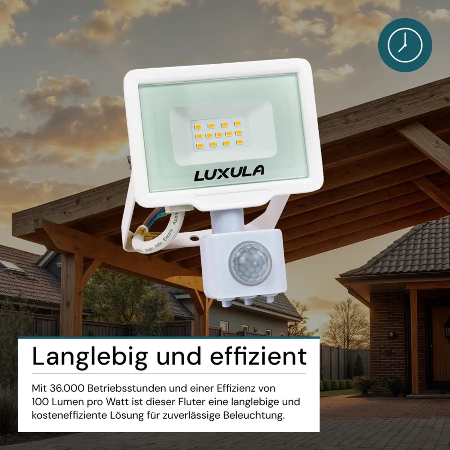 Weißer LUXULA LED Strahler 10W mit Bewegungsmelder für Außen, neutralweißes Licht.