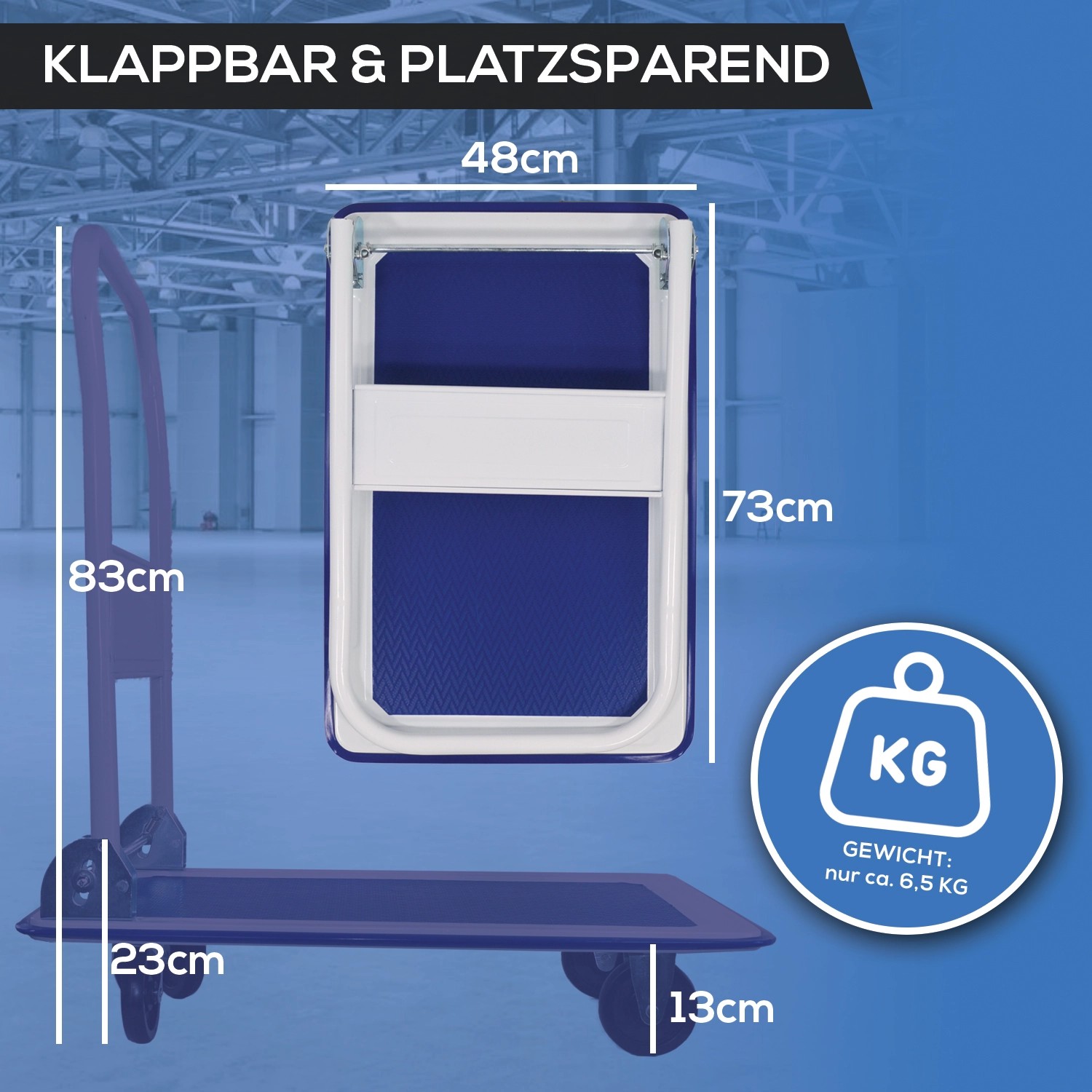 TroniTechnik Transportwagen, klappbar, mit Maßangaben. Plattformwagen mit Antirutschbeschichtung, Tragkraft 150 kg.