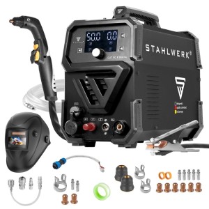 STAHLWERK Plasmaschneider CUT 50 Pilot IGBT mit Zubehör und Schweißhelm.