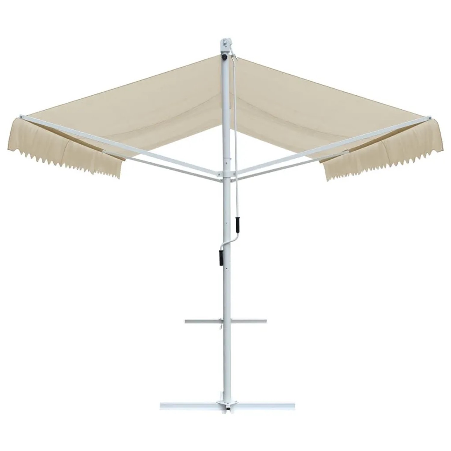 Freistehende, creme-farbene Doppelmarkise (600x300 cm) mit Stahlrahmen für Garten und Terrasse.