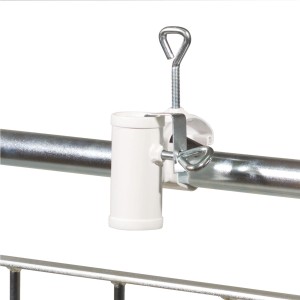 Weißer Videx Garden Sonnenschirmhalter Typ H II zur Handlauf-Montage.